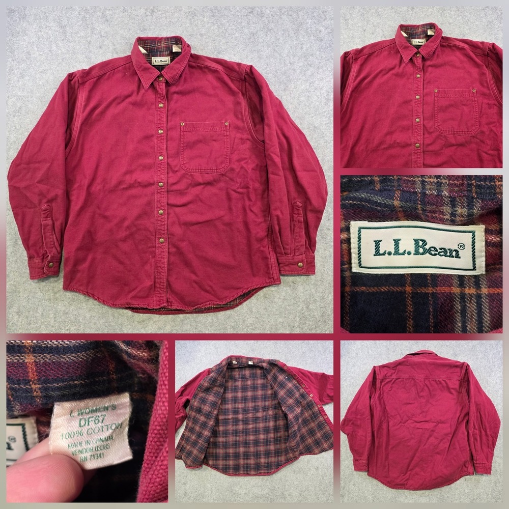 Vintage LL Bean Shirt Womens Large Red Lined Button Up Flannel Plaid Cotton Fall